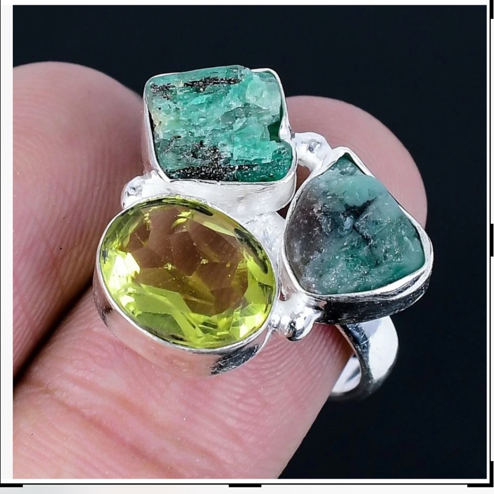 1 inch, 3 stone, 925 marked, Green Aventurine, 2 are natural and rough, size 8 .